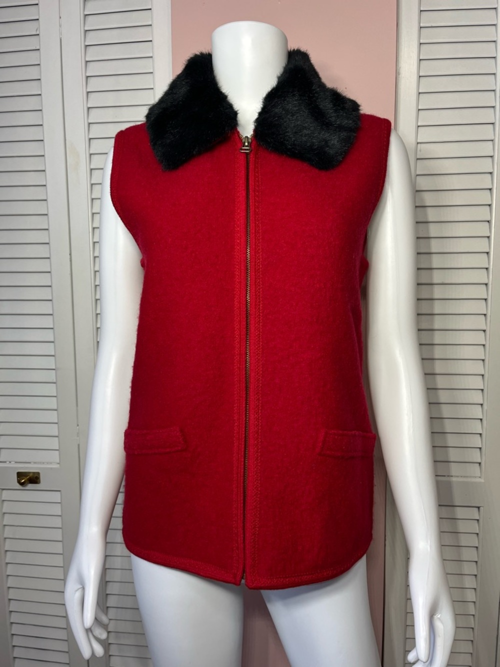 Lisa International Red Zip-Front Vest with Black Faux Fur Collar